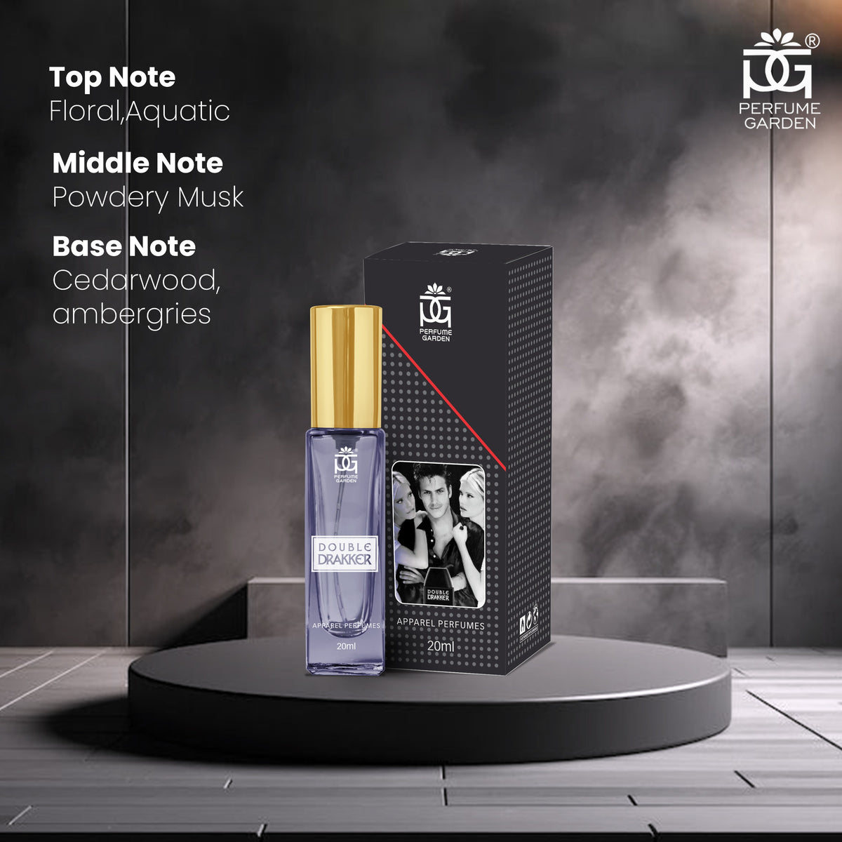 Double Drakker 20ml pocket perfume spray bottle showcasing masculine design and fine mist nozzle